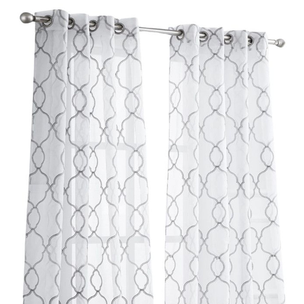 84” Silver Trellis Pattern Embroidered Window Curtain Panel-Curtains and Drapes-DECOROLALA
