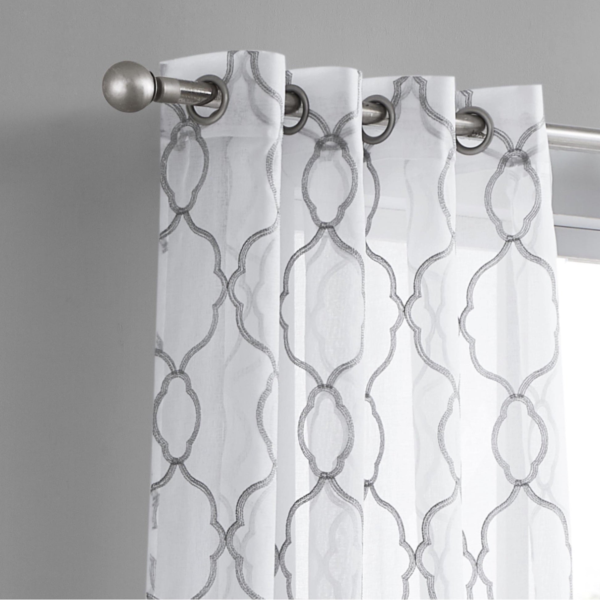 84” Silver Trellis Pattern Embroidered Window Curtain Panel-Curtains and Drapes-DECOROLALA