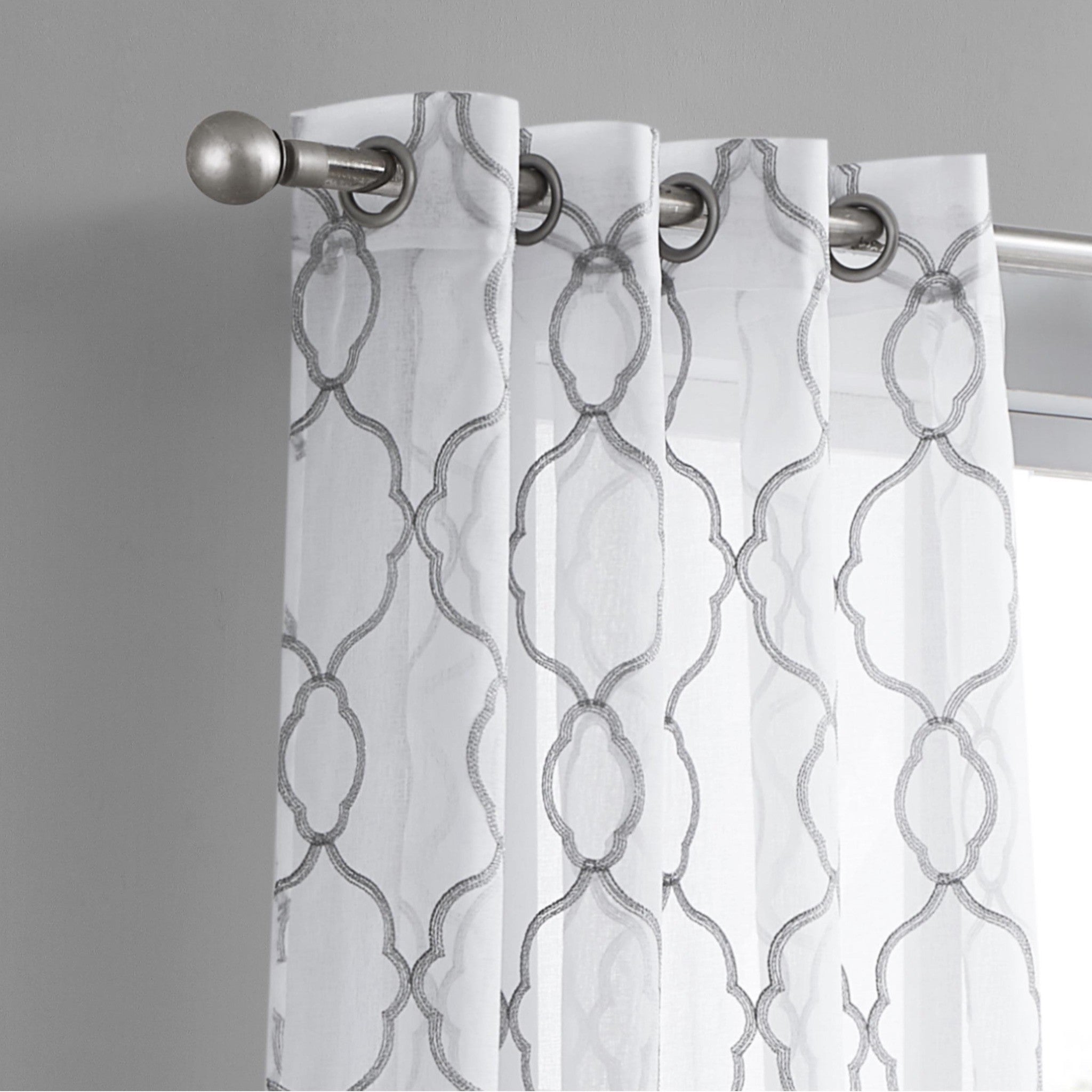 84” Silver Trellis Pattern Embroidered Window Curtain Panel-Curtains and Drapes-DECOROLALA