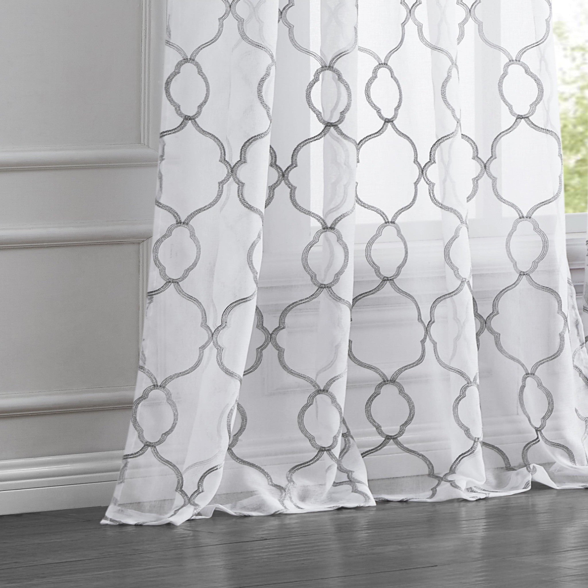 84” Silver Trellis Pattern Embroidered Window Curtain Panel-Curtains and Drapes-DECOROLALA
