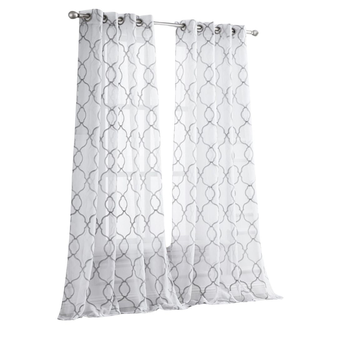 84” Silver Trellis Pattern Embroidered Window Curtain Panel-Curtains and Drapes-DECOROLALA