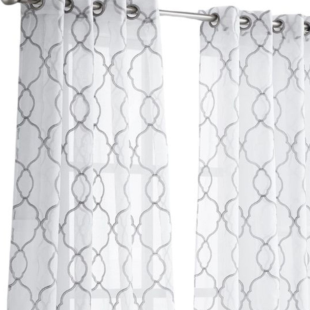 84” Silver Trellis Pattern Embroidered Window Curtain Panel-Curtains and Drapes-DECOROLALA