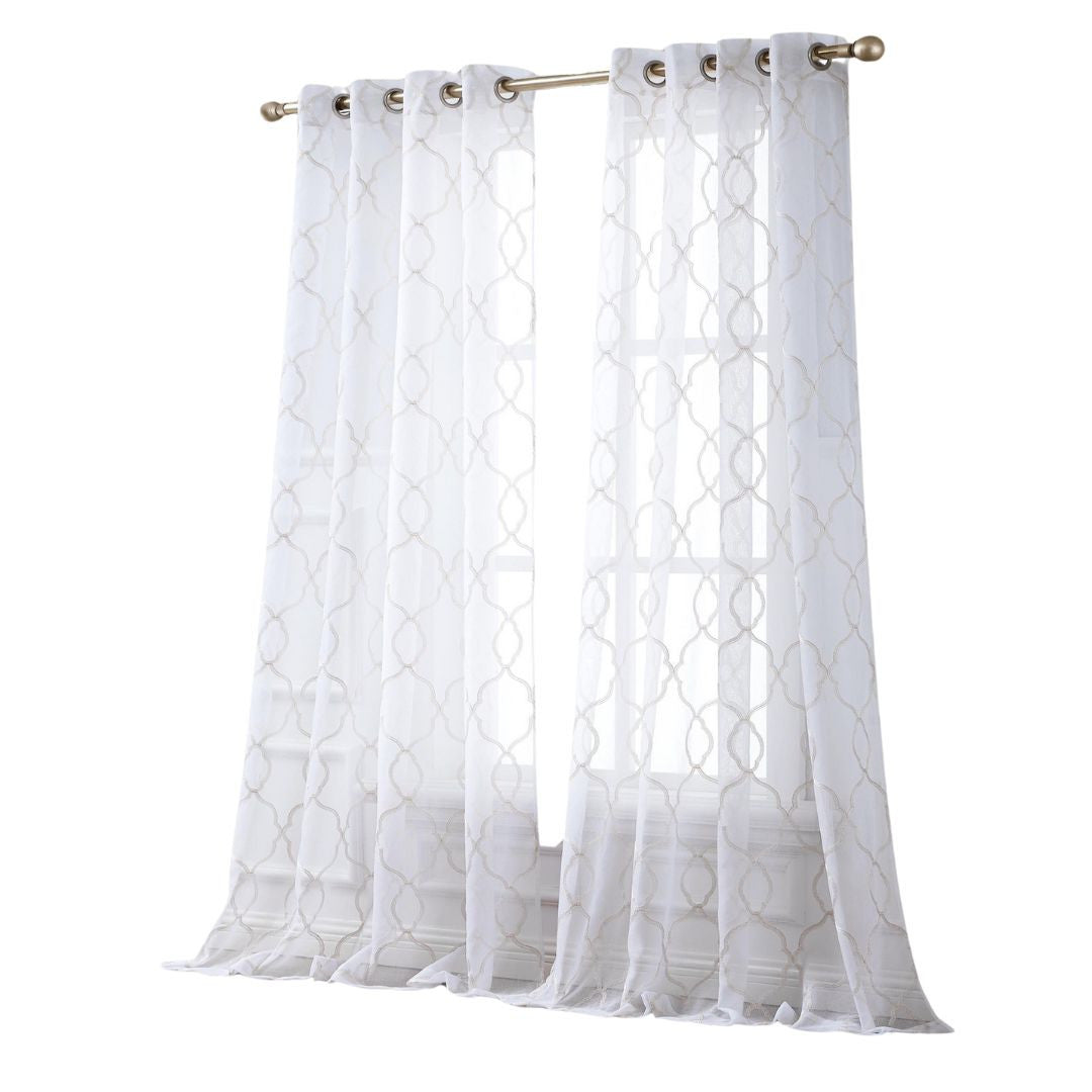 84” Charcoal Trellis Pattern Embroidered Window Curtain Panel-Curtains and Drapes-DECOROLALA