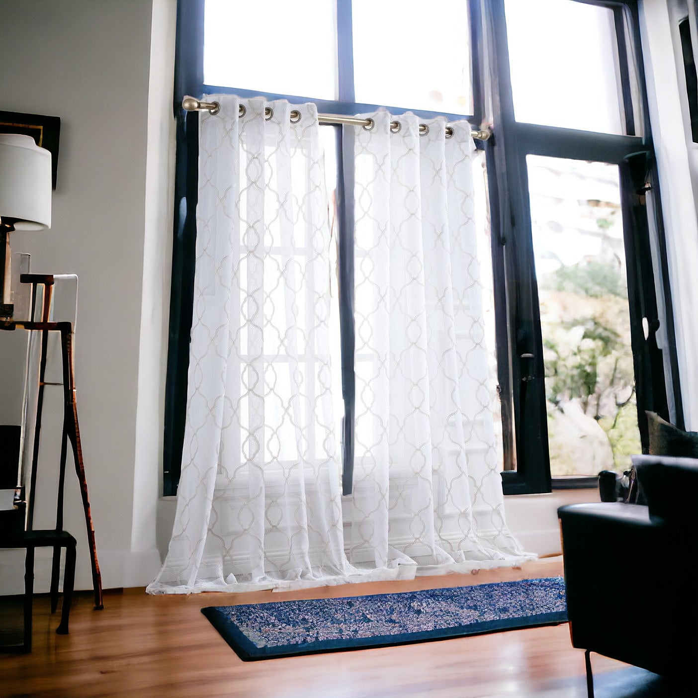 84” Charcoal Trellis Pattern Embroidered Window Curtain Panel-Curtains and Drapes-DECOROLALA