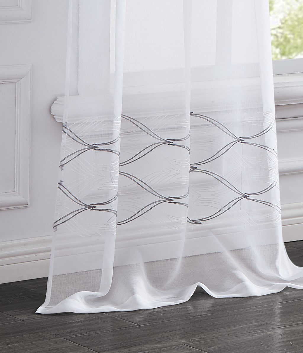 Set of Two 84" White Wave Embroidered Window Panels-Curtains and Drapes-DECOROLALA