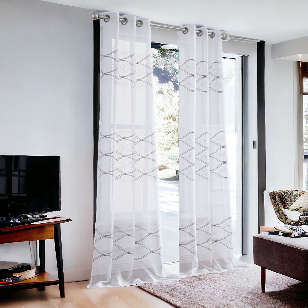 Set of Two 84" White Wave Embroidered Window Panels-Curtains and Drapes-DECOROLALA