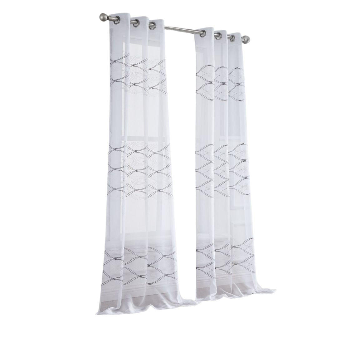 Set of Two 96" White Wave Embroidered Window Panels-Curtains and Drapes-DECOROLALA