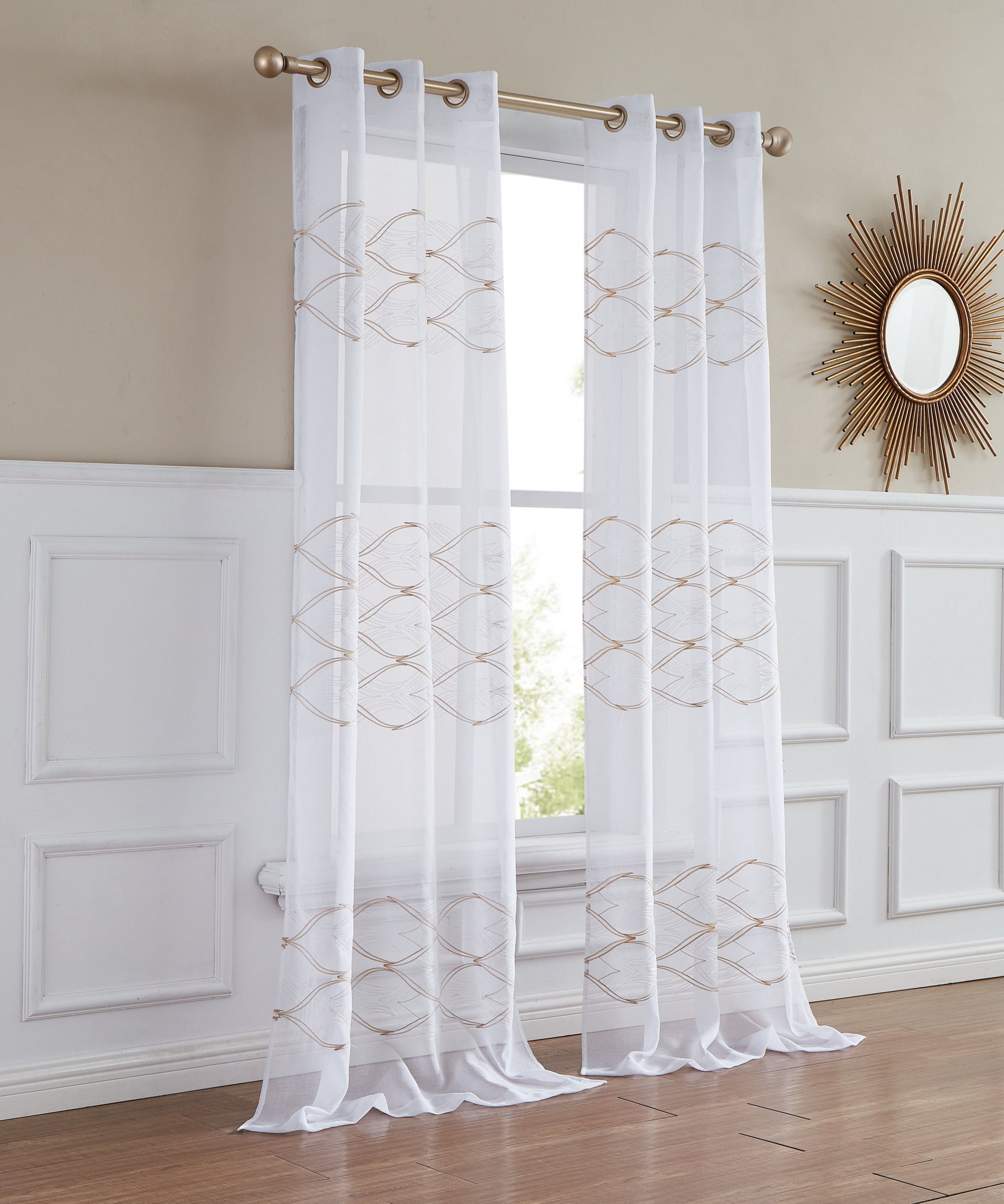 Set of Two 96" Gold and White SemiSheer Curtains-Curtains and Drapes-DECOROLALA