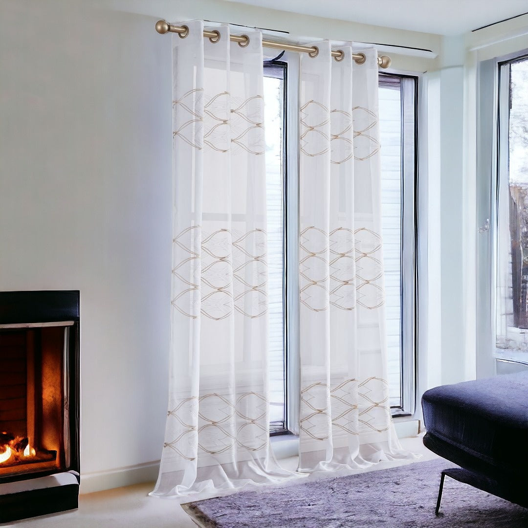 Set of Two 96" Gold and White SemiSheer Curtains-Curtains and Drapes-DECOROLALA