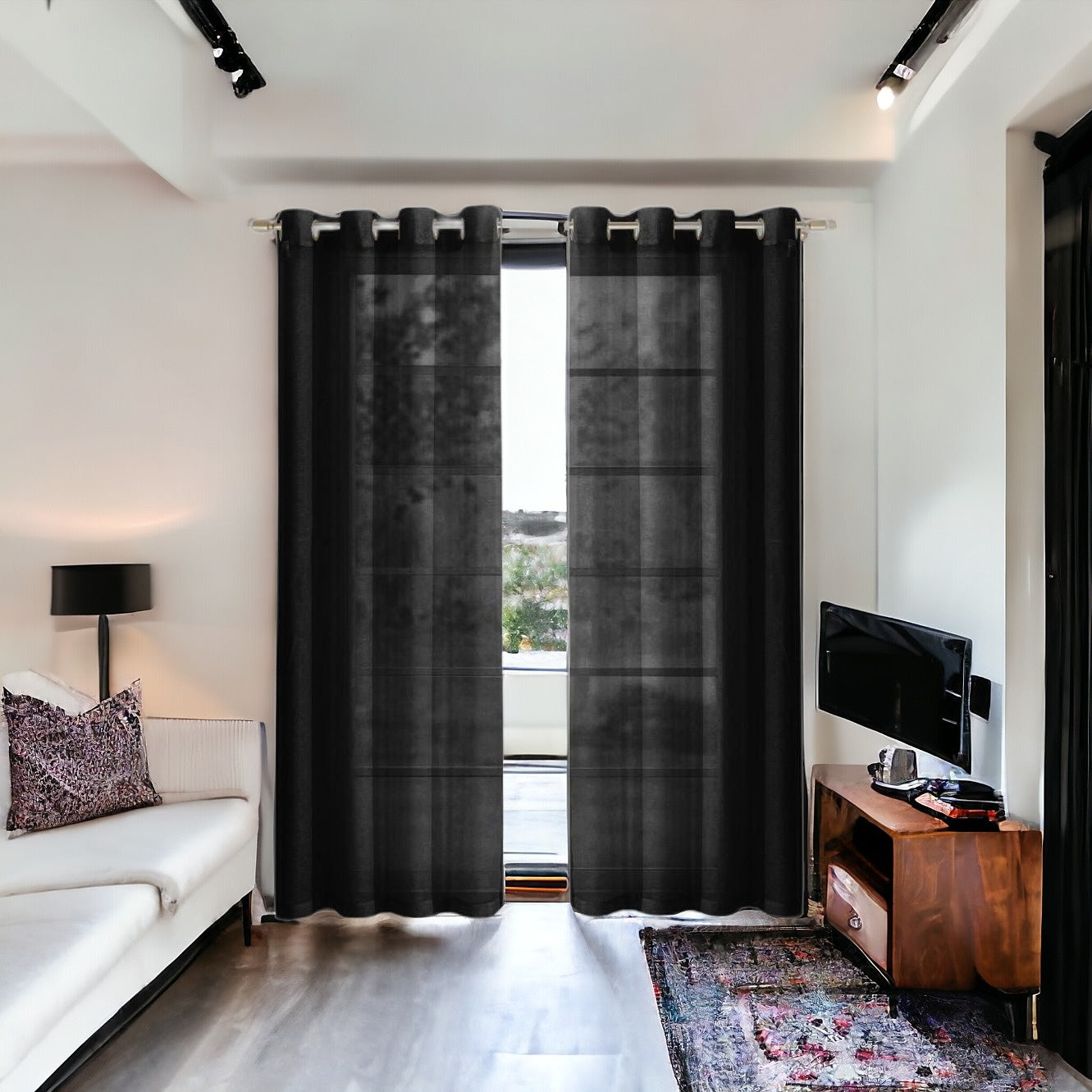 Set of Two 84" Black Solid Modern Window Panels-Curtains and Drapes-DECOROLALA