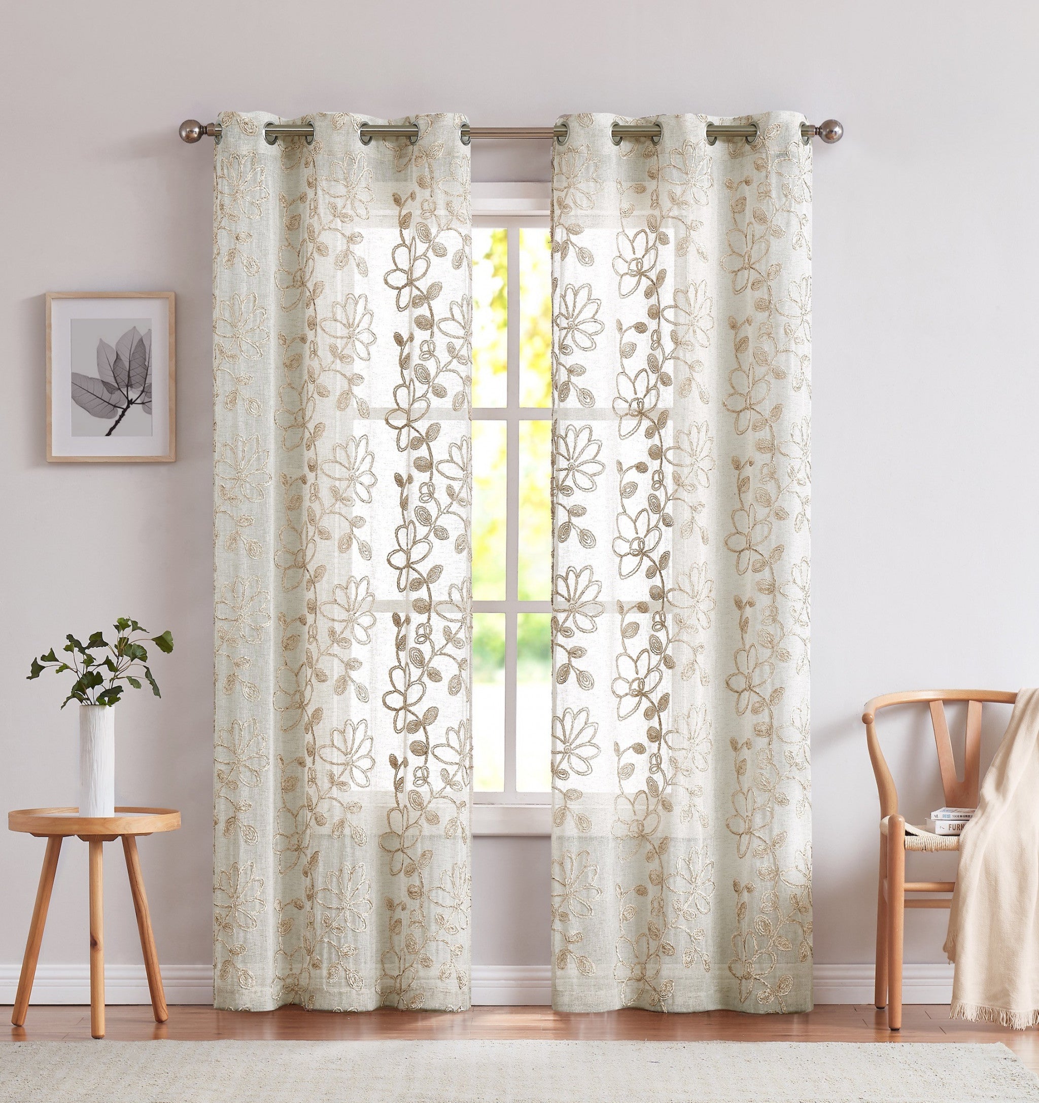Set of Two 84" Tan Floral Embroidered Window Panels-Curtains and Drapes-DECOROLALA