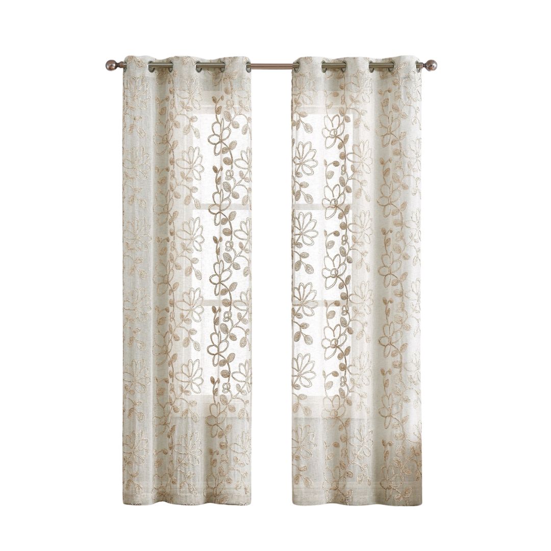 Set of Two 84" Tan Floral Embroidered Window Panels-Curtains and Drapes-DECOROLALA