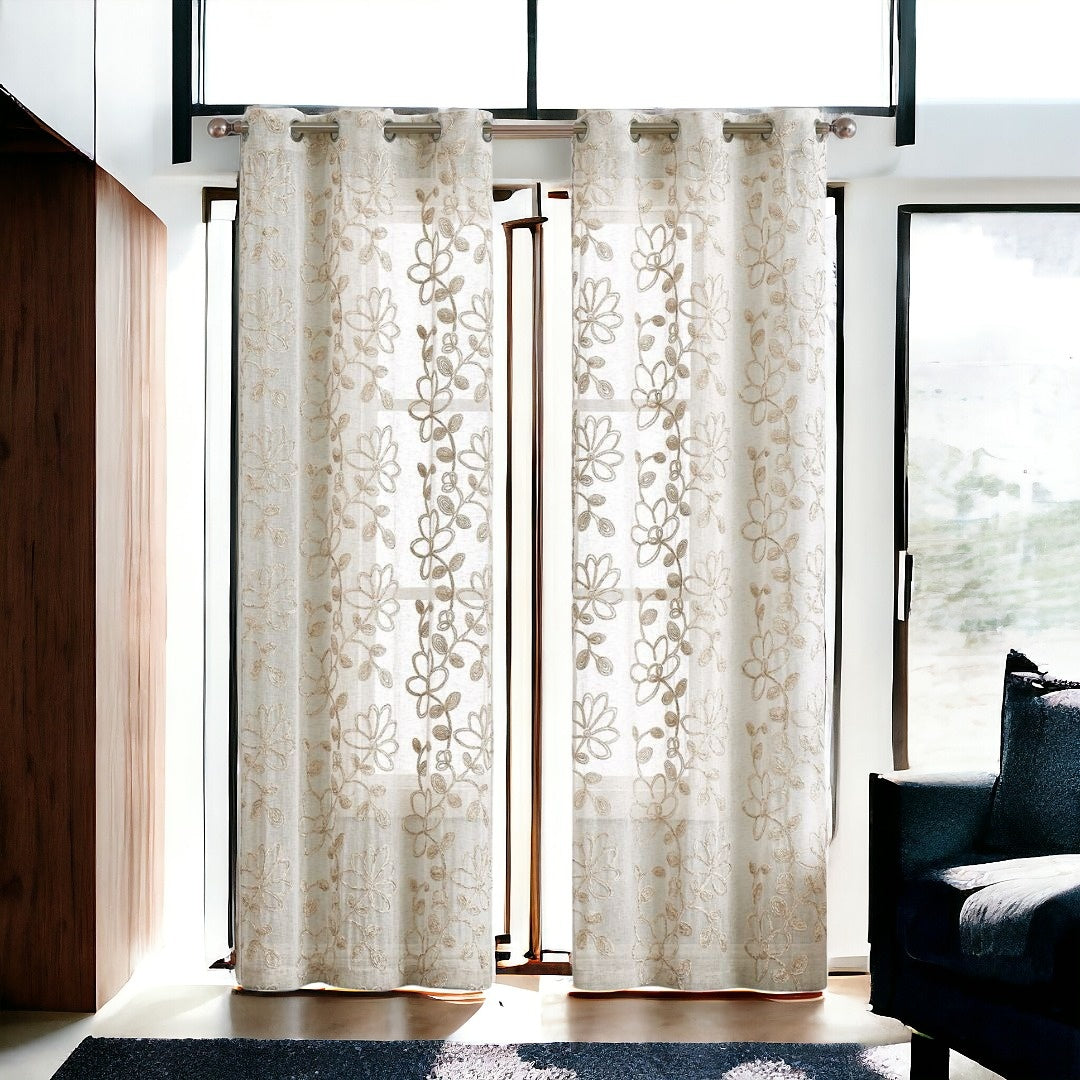 Set of Two 84" Tan Floral Embroidered Window Panels-Curtains and Drapes-DECOROLALA