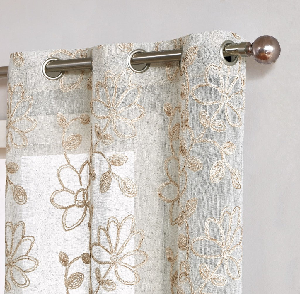 Set of Two 84" Tan Floral Embroidered Window Panels-Curtains and Drapes-DECOROLALA