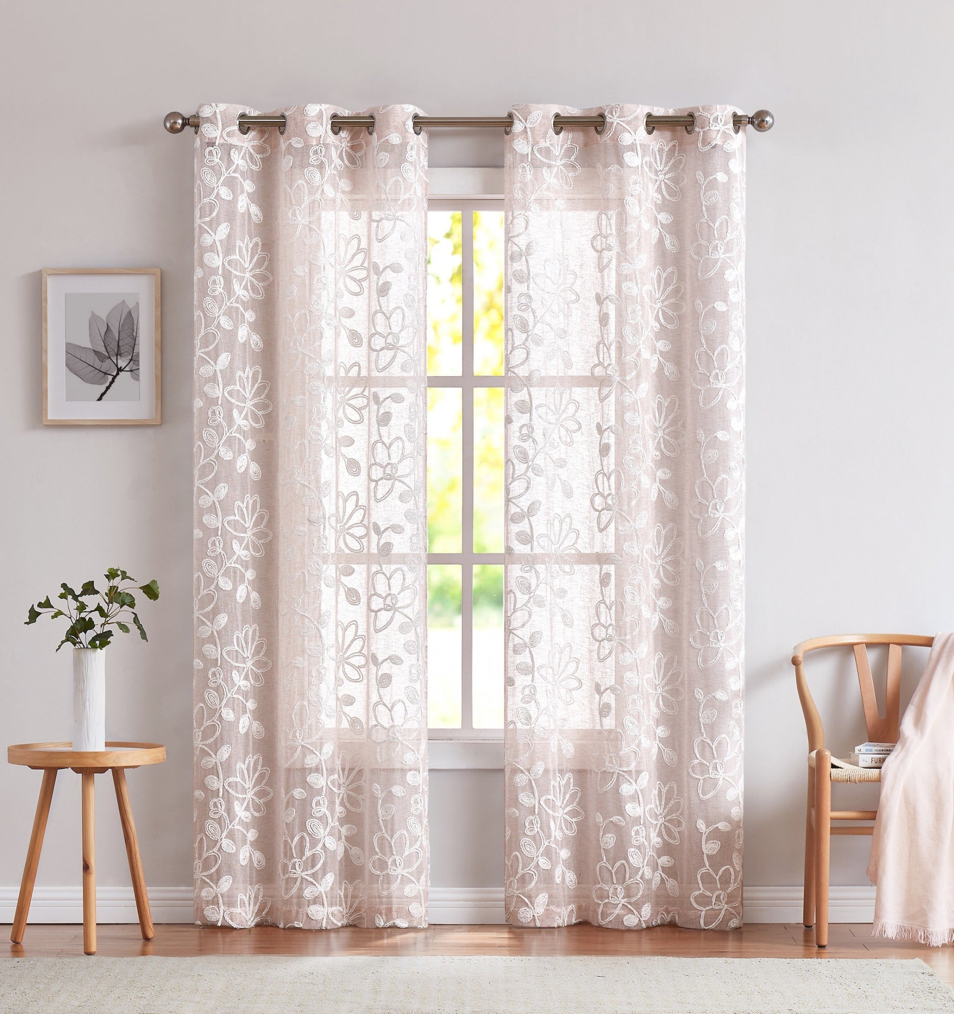 Set of Two 84" Blush Floral Embroidered Window Panels-Curtains and Drapes-DECOROLALA