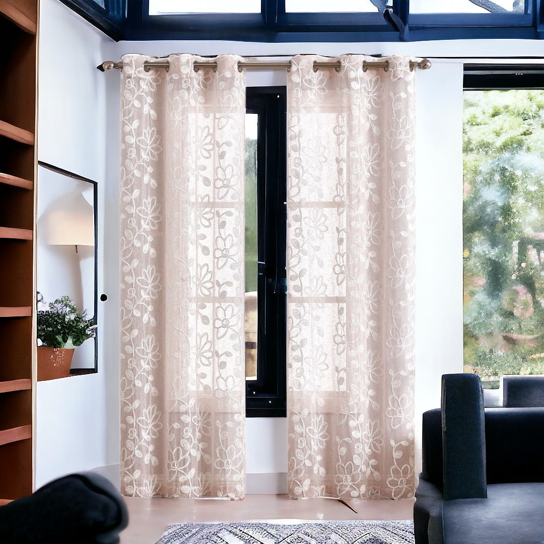 Set of Two 84" Blush Floral Embroidered Window Panels-Curtains and Drapes-DECOROLALA