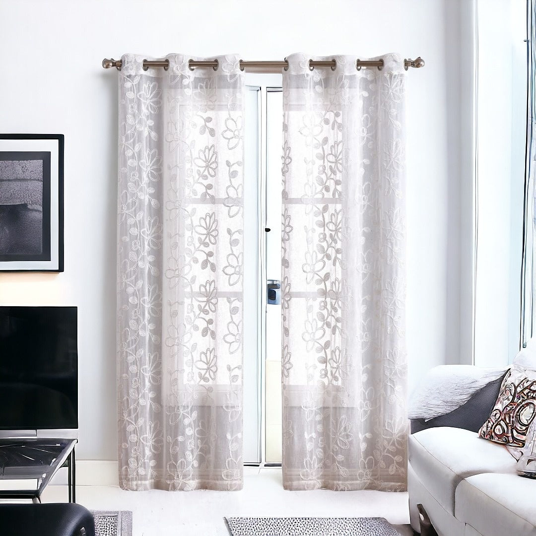 Set of Two 84" White Floral Embroidered Window Panels-Curtains and Drapes-DECOROLALA
