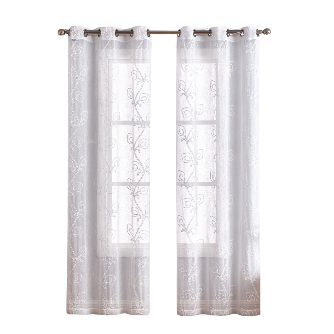 Set of Two 84" White Boho Embroidered Window Panels-Curtains and Drapes-DECOROLALA