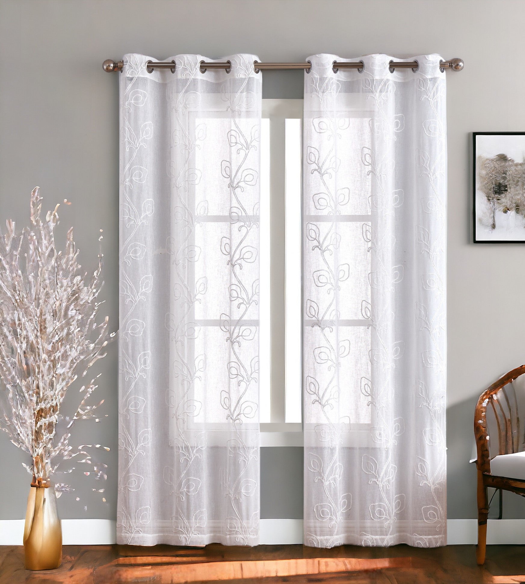 Set of Two 84" White Boho Embroidered Window Panels-Curtains and Drapes-DECOROLALA