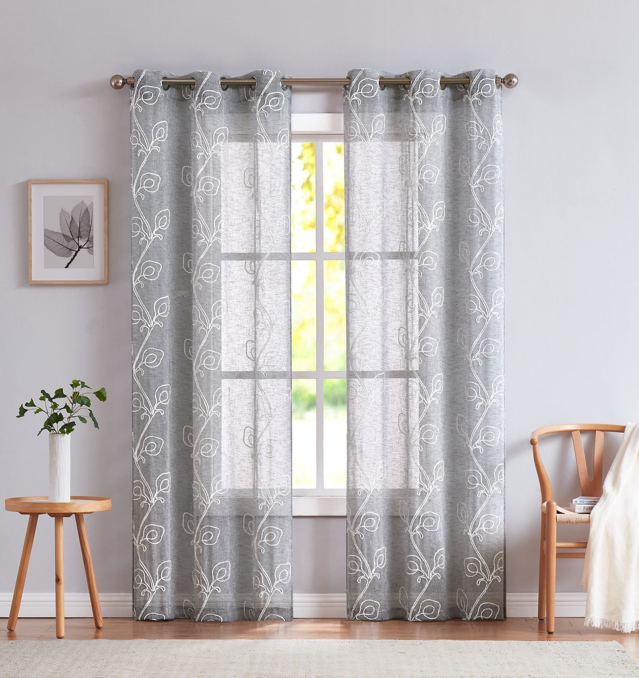 Set of Two 84" Silver Boho Embroidered Window Panels-Curtains and Drapes-DECOROLALA
