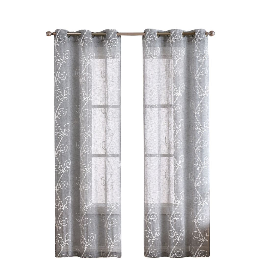 Set of Two 84" Silver Boho Embroidered Window Panels-Curtains and Drapes-DECOROLALA