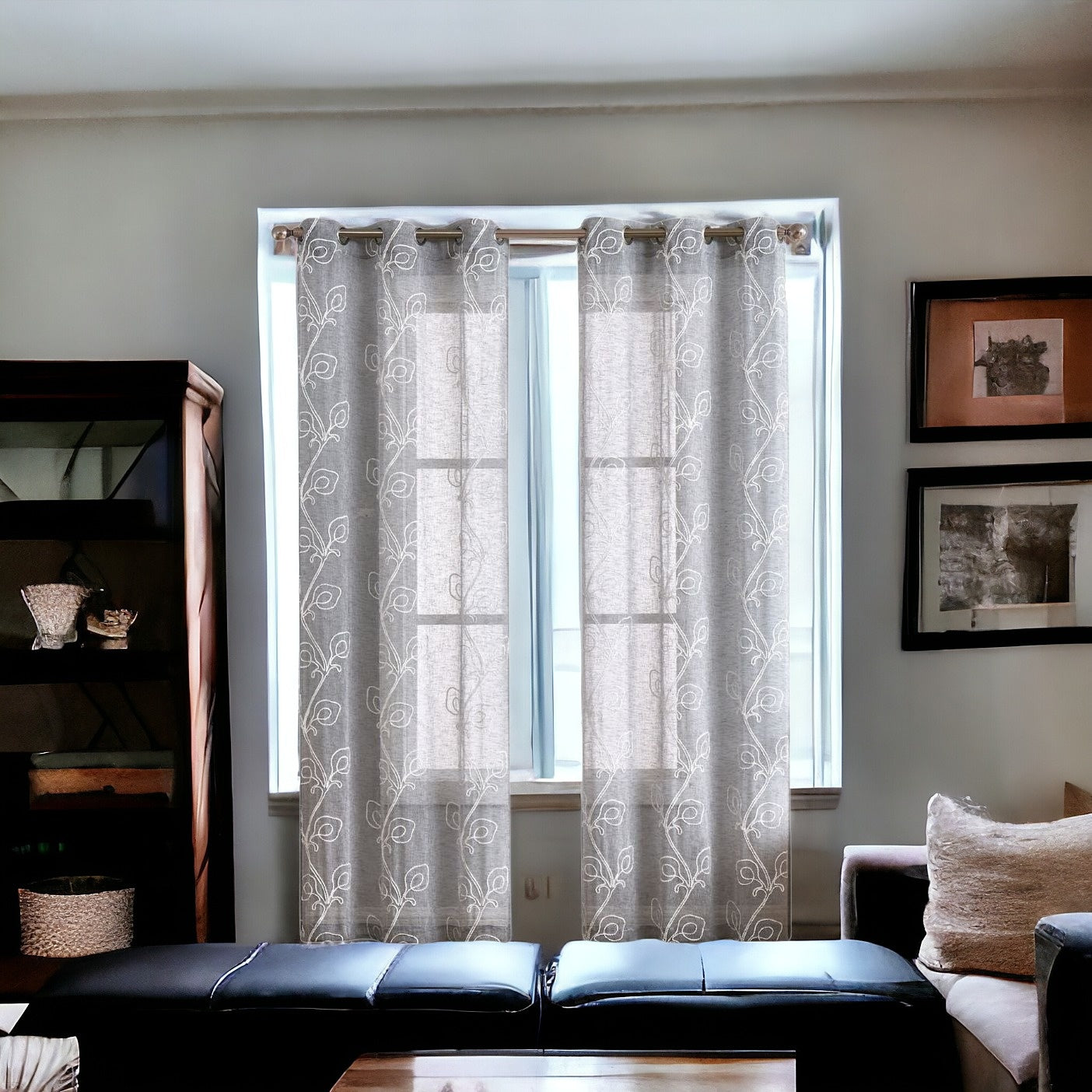 Set of Two 84" Silver Boho Embroidered Window Panels-Curtains and Drapes-DECOROLALA