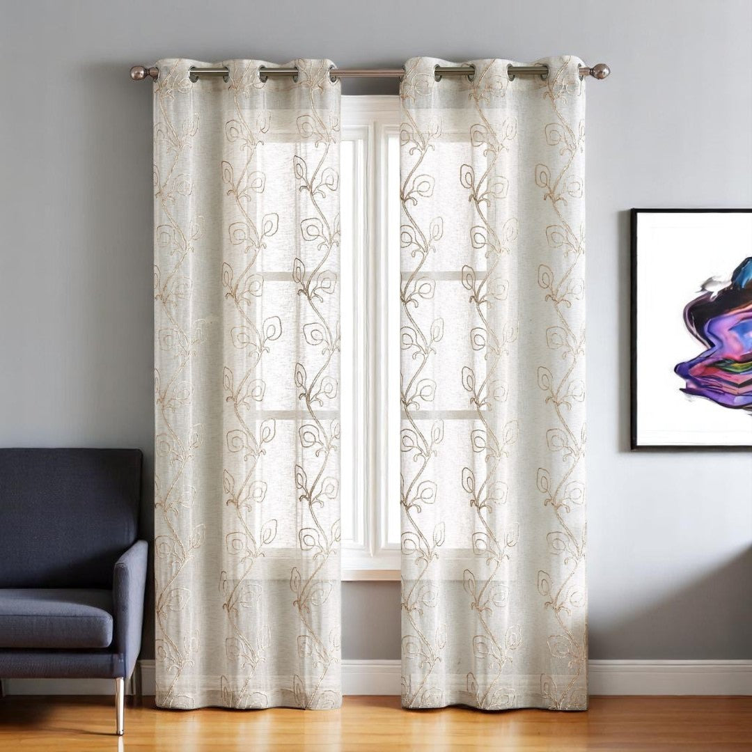 Set of Two 84" Beige Boho Embroidered Window Panels-Curtains and Drapes-DECOROLALA