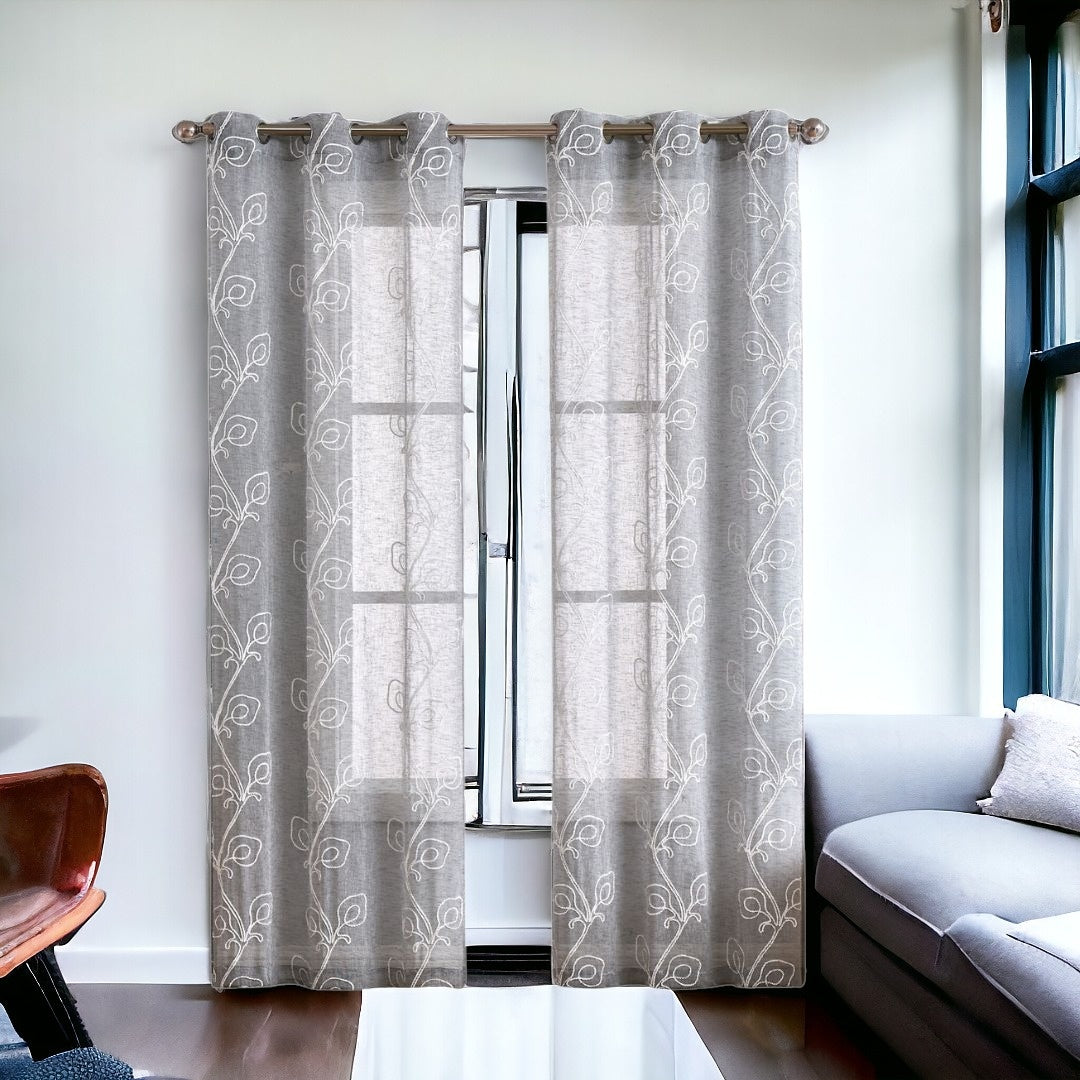 Set of Two 96" Silver Boho Embroidered Window Panels-Curtains and Drapes-DECOROLALA