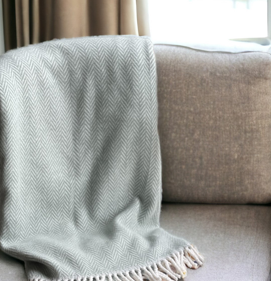 55" X 70" Sage and Ivory Woven Cotton Herringbone Plush Throw Blanket-Throws & Blankets-DECOROLALA