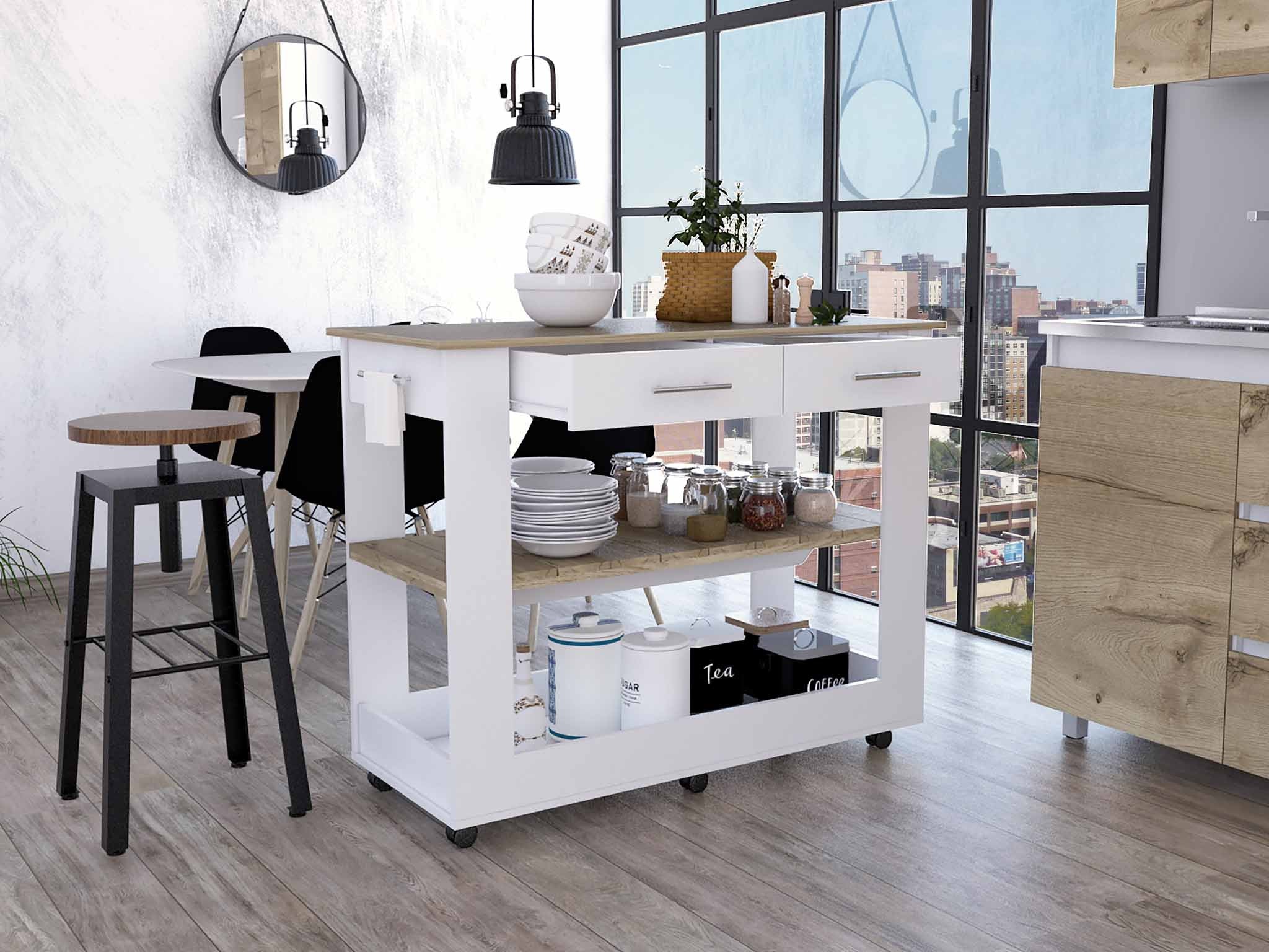 White and Brown 40" Rolling Kitchen Cart With Storage-Kitchen Carts-Islands-DECOROLALA