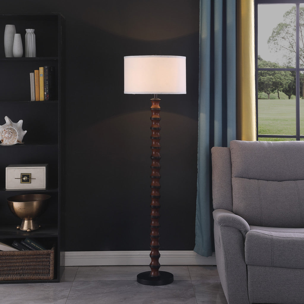61" Brown And White Resin Floor Lamp With White Fabric Drum Shade-Floor Lamps-DECOROLALA