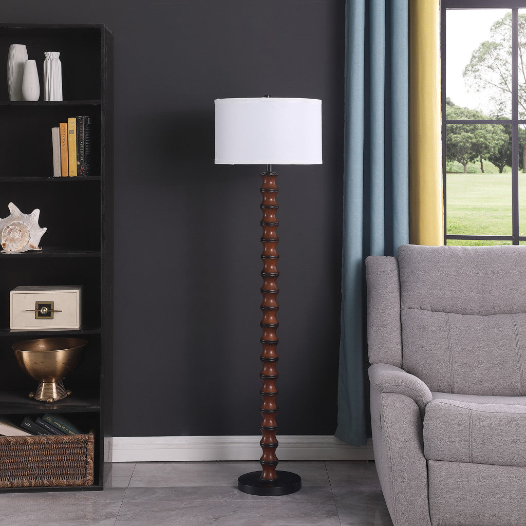 61" Brown And White Resin Floor Lamp With White Fabric Drum Shade-Floor Lamps-DECOROLALA