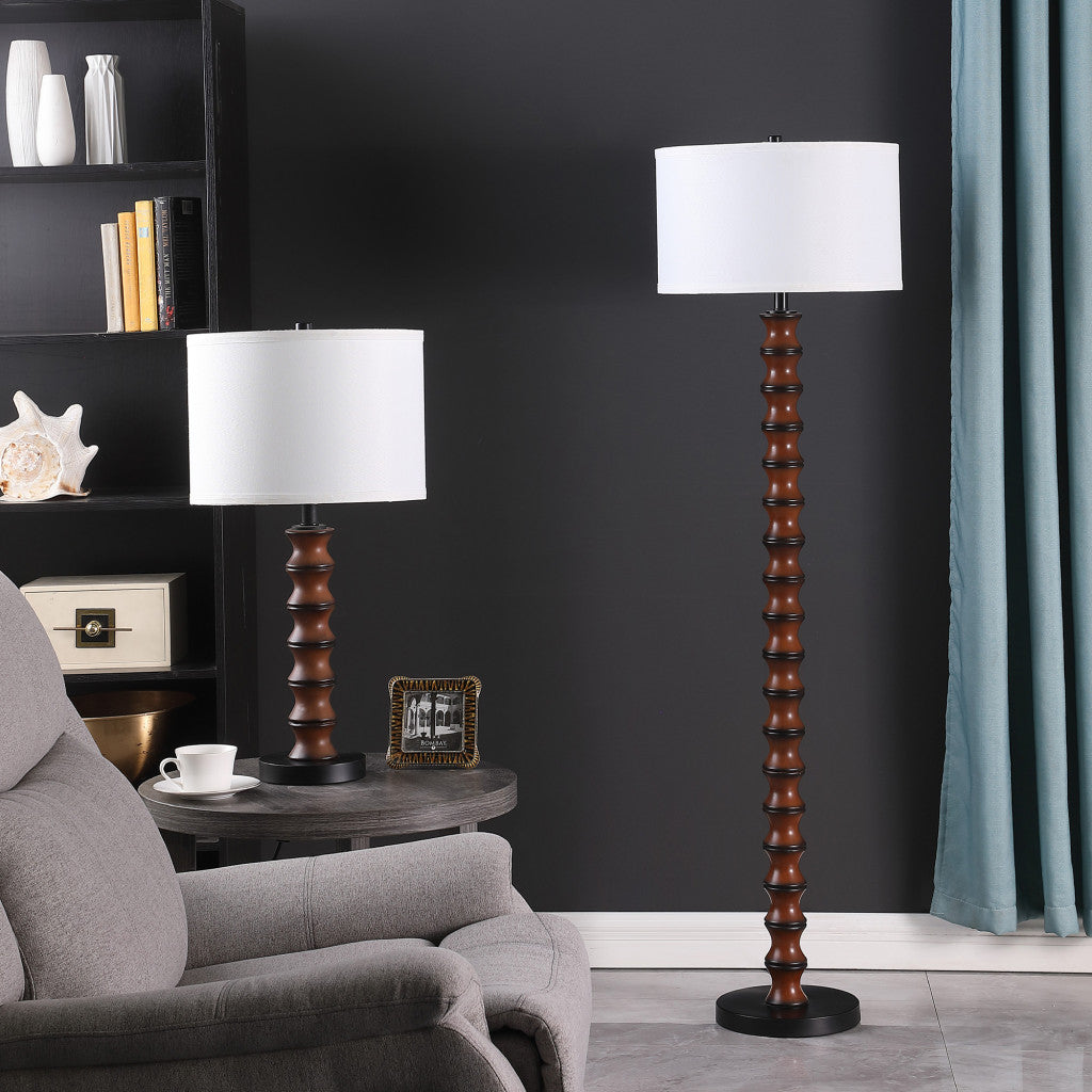 61" Brown And White Resin Floor Lamp With White Fabric Drum Shade-Floor Lamps-DECOROLALA