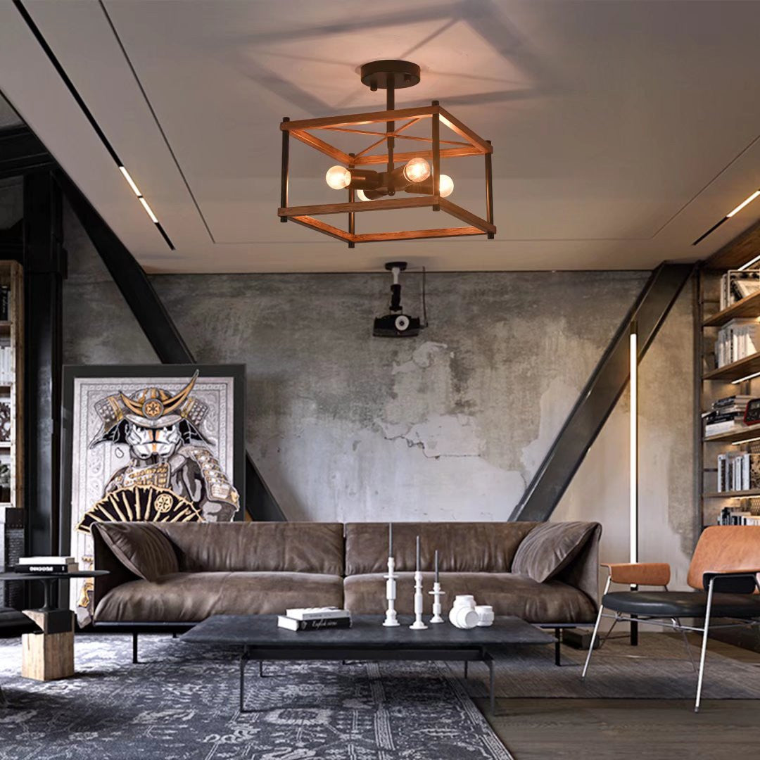 Industrial Wood Square Four Light Ceiling Fixture-Chandeliers-DECOROLALA