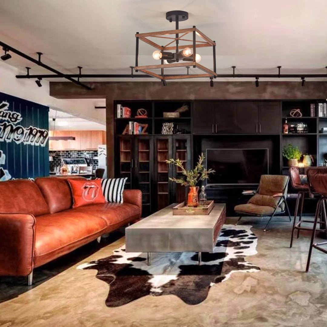 Industrial Wood Square Four Light Ceiling Fixture-Chandeliers-DECOROLALA