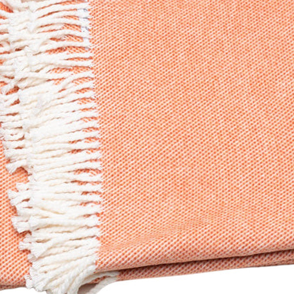 55" X 70" Coral And Ivory Cotton Woven Plush Throw Blanket with Tassels-Throws & Blankets-DECOROLALA