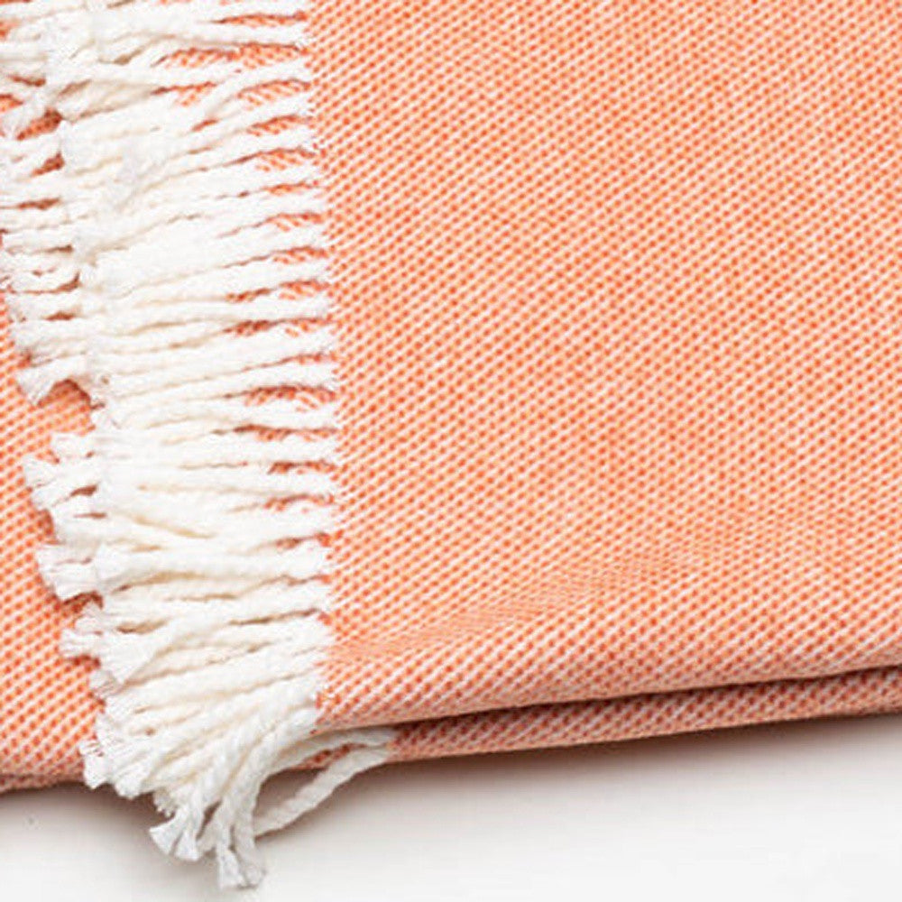 55" X 70" Coral And Ivory Cotton Woven Plush Throw Blanket with Tassels-Throws & Blankets-DECOROLALA