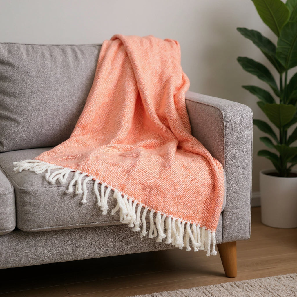 55" X 70" Coral And Ivory Cotton Woven Plush Throw Blanket with Tassels-Throws & Blankets-DECOROLALA