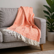 55" X 70" Coral And Ivory Cotton Woven Plush Throw Blanket with Tassels-Throws & Blankets-DECOROLALA