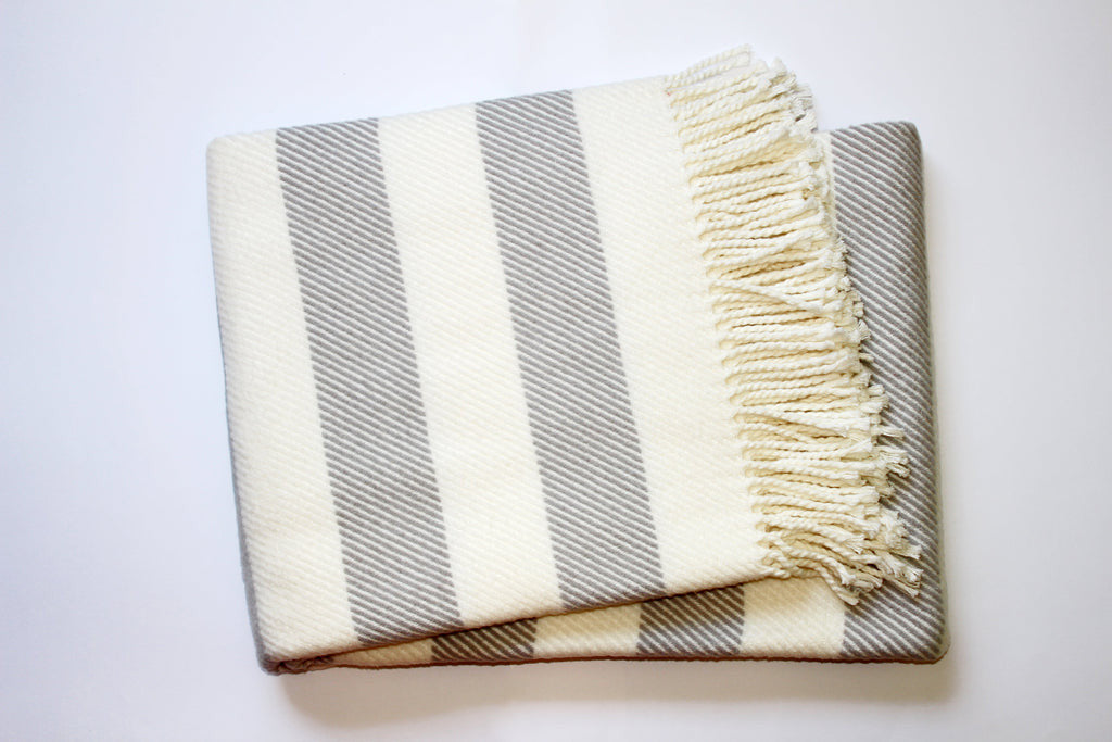 Cream and Gray Slanted Stripe Fringed Throw Blanket-Throws & Blankets-DECOROLALA
