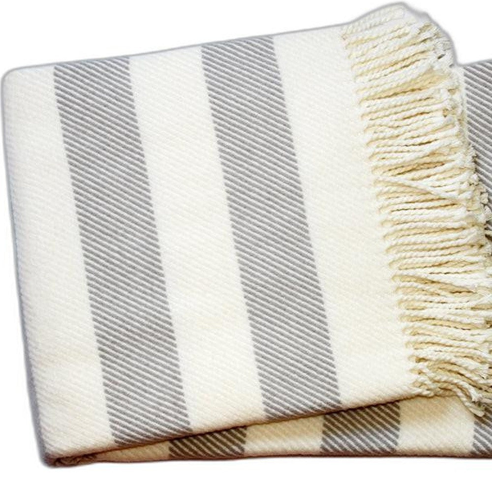Cream and Gray Slanted Stripe Fringed Throw Blanket-Throws & Blankets-DECOROLALA