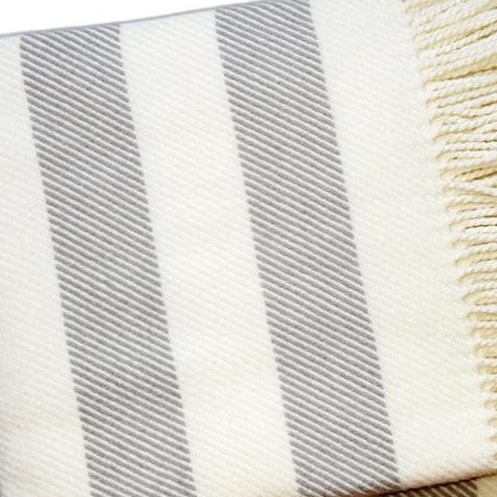 Cream and Gray Slanted Stripe Fringed Throw Blanket-Throws & Blankets-DECOROLALA