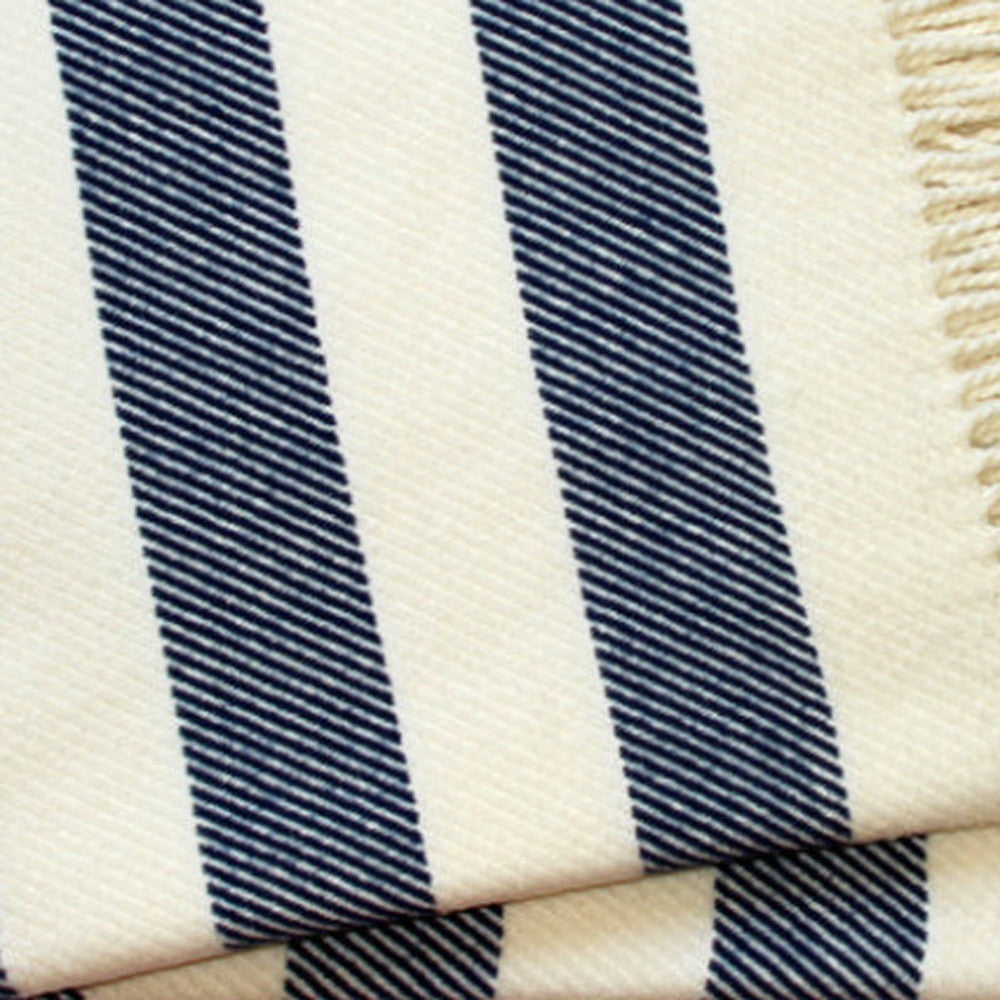 Cream and Navy Blue Slanted Stripe Fringed Throw Blanket-Throws & Blankets-DECOROLALA