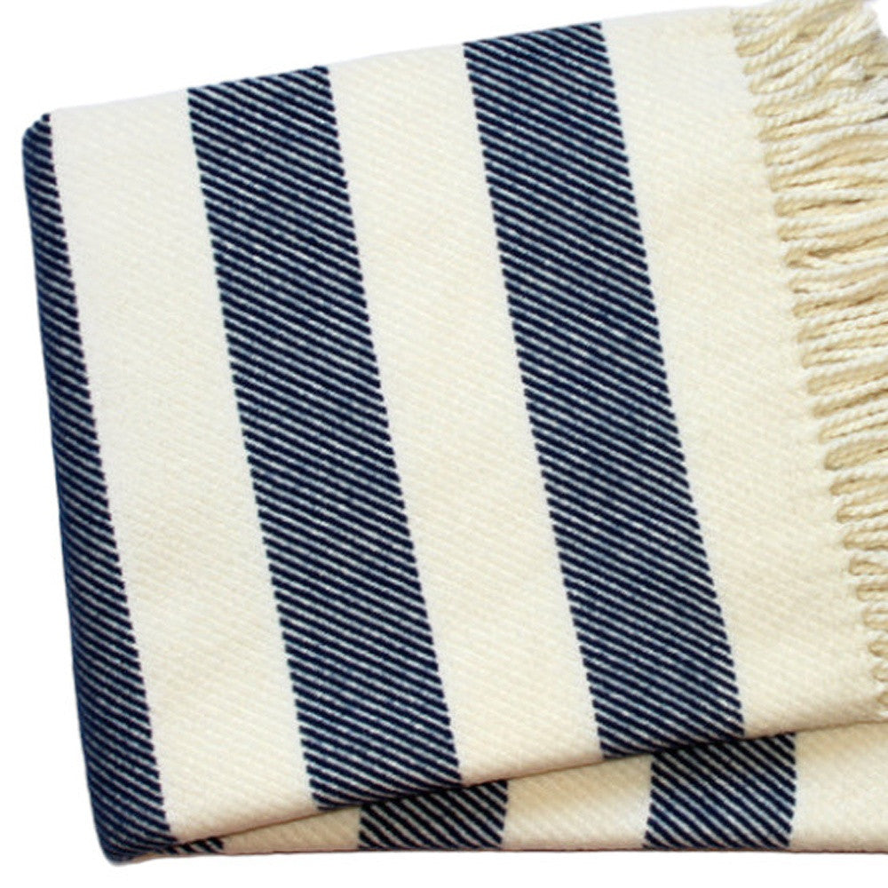 Cream and Navy Blue Slanted Stripe Fringed Throw Blanket-Throws & Blankets-DECOROLALA