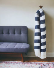 Cream and Navy Blue Slanted Stripe Fringed Throw Blanket-Throws & Blankets-DECOROLALA