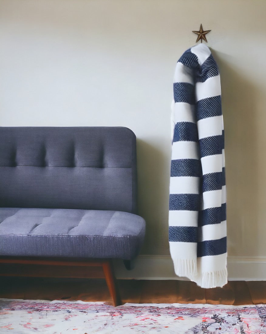 Cream and Navy Blue Slanted Stripe Fringed Throw Blanket-Throws & Blankets-DECOROLALA