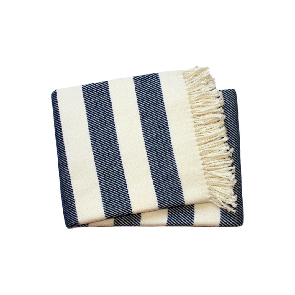Cream and Navy Blue Slanted Stripe Fringed Throw Blanket-Throws & Blankets-DECOROLALA