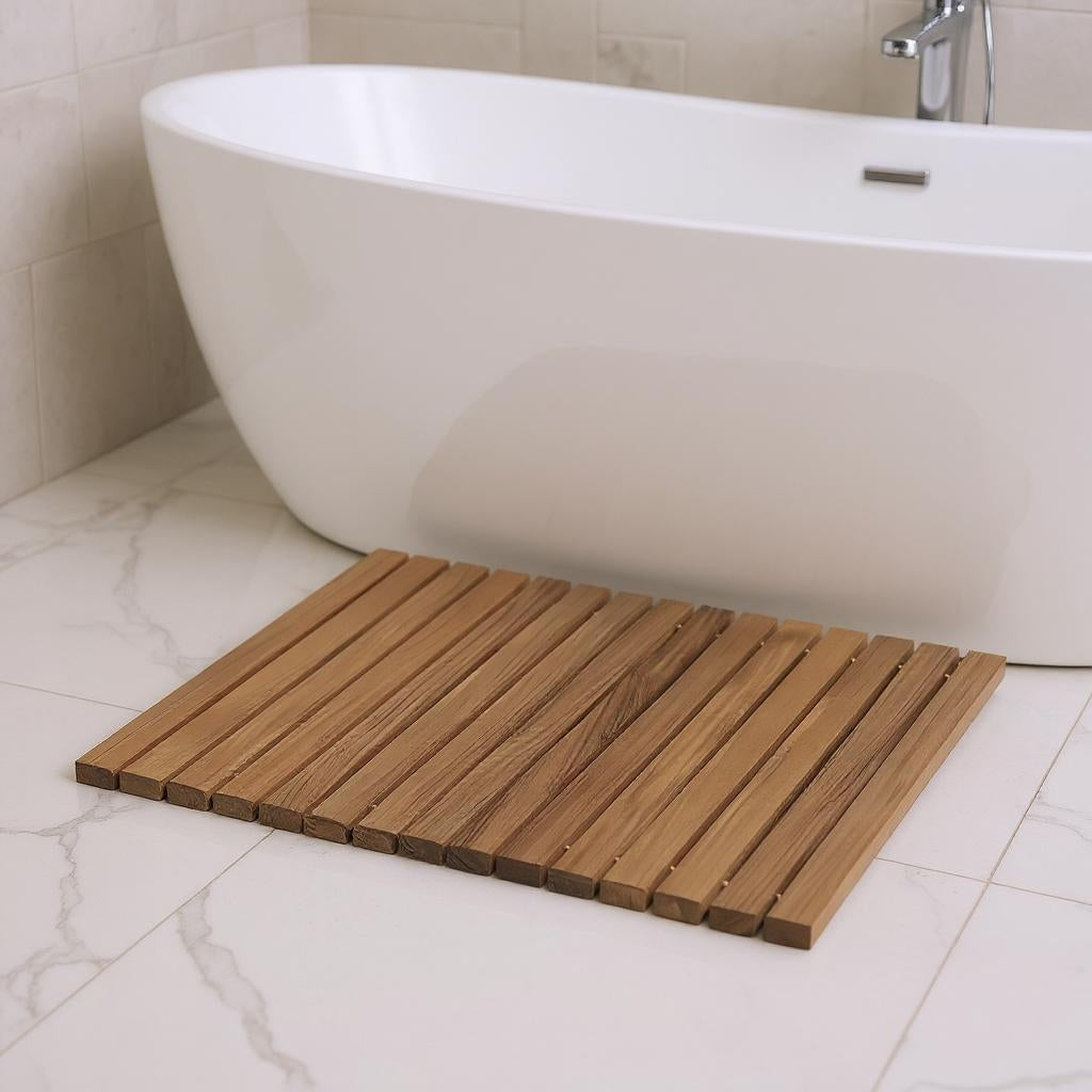 20" Brown Teak Wood Rolling Square Bath Mat-1