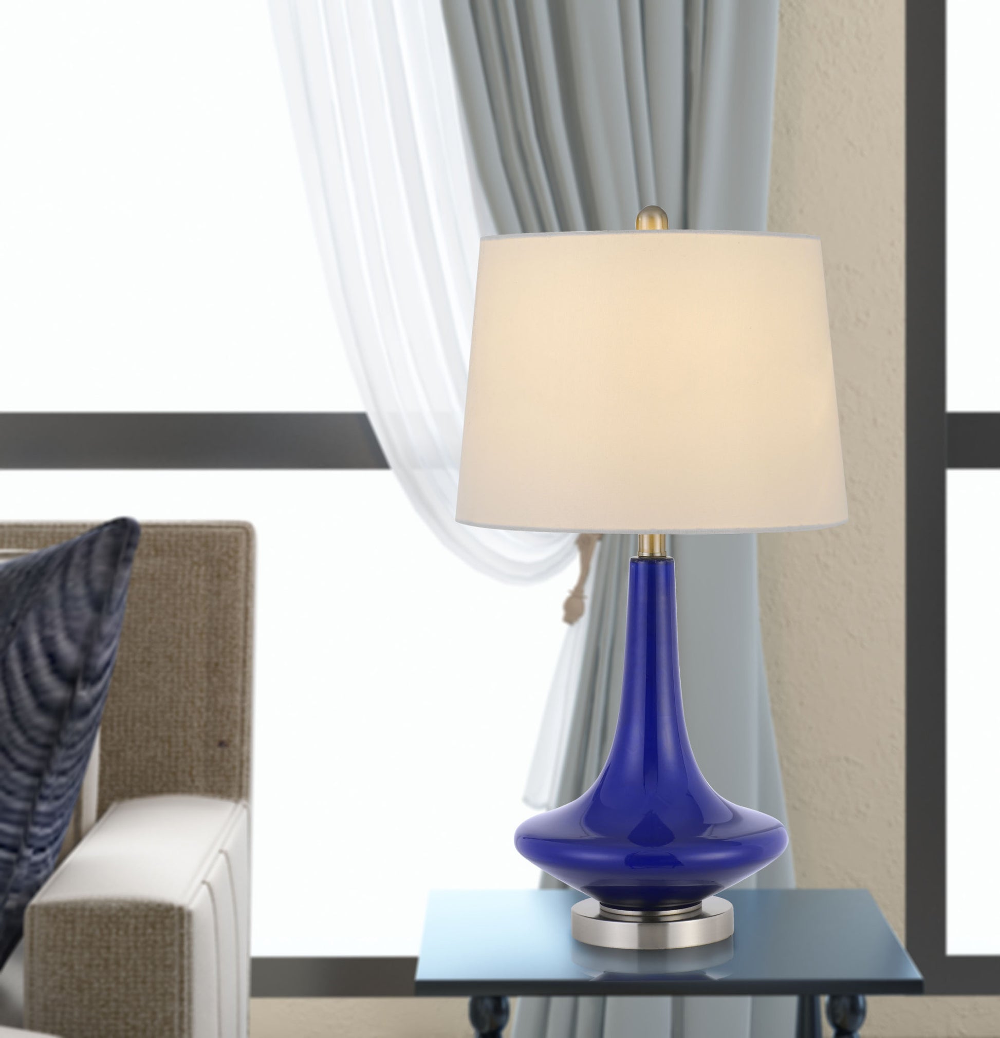 Set Of Two 26" Silver Metal Two Light Bedside Table Lamps With White Globe Shade-Table Lamps-DECOROLALA
