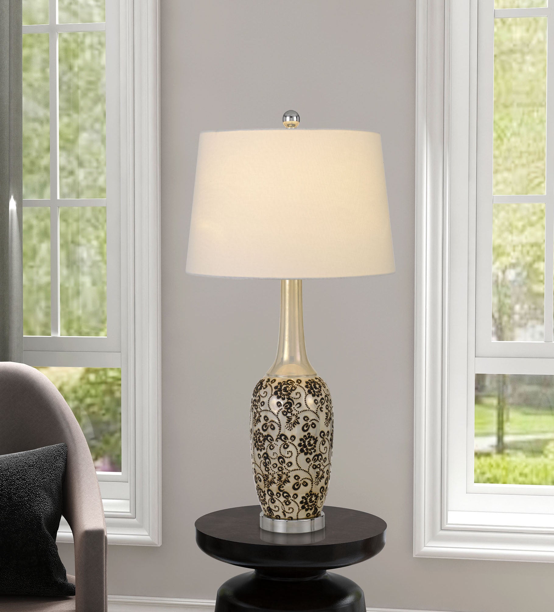 Set Of Two 30" Silver Metal Two Light Bedside Table Lamps With White Globe Shade-Table Lamps-DECOROLALA